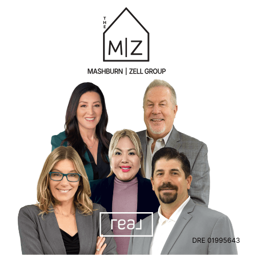 Five professionally dressed adults posed together beneath the Mashburn Zell Group logo on a white background.